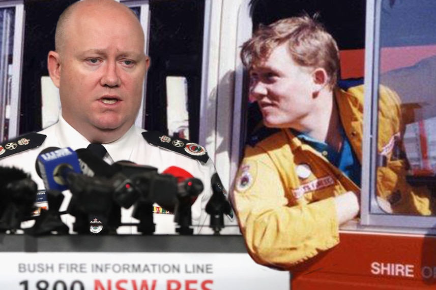 Composite image of Shane Fitzsimmons at a press conference and Shane as a young man