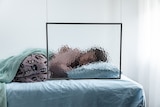 A girl curls up on a bed in a hospital. A frame of tempered glass blurs her face.