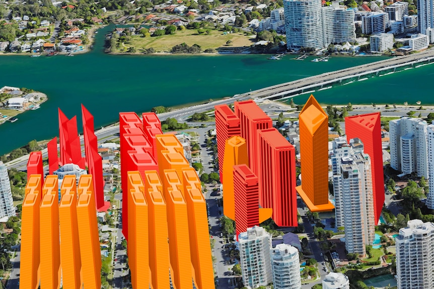 Aerial image of Main beach high-rises with graphics showing a large number of potential new tower developments.