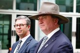 Barnaby Joyce and David Gillespie speak outside parliament house