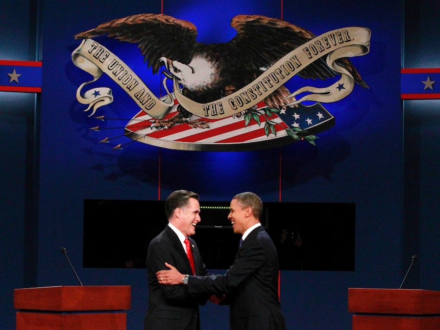 LtoR Mitt Romney and Barack Obama shake hands before the first presidential debate.
