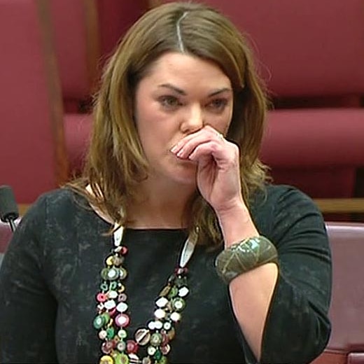 Senator Sarah Hanson-Young delivers an emotional speech in the Senate.