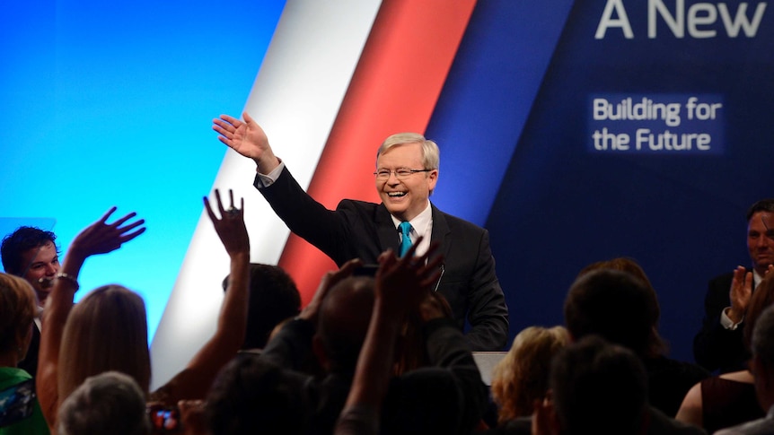 Kevin Rudd waves to a cheering crowd during the Australian Labor Party's election campaign launch