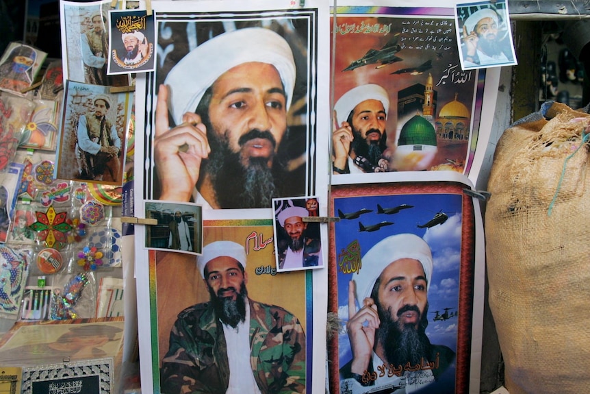 An assortment of posters of former Al Qaeda leader Osama bin Laden.