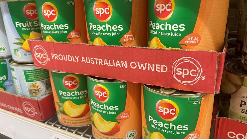 tinned peaches on a supermarket shelf