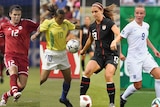 Young women playing soccer for their countries