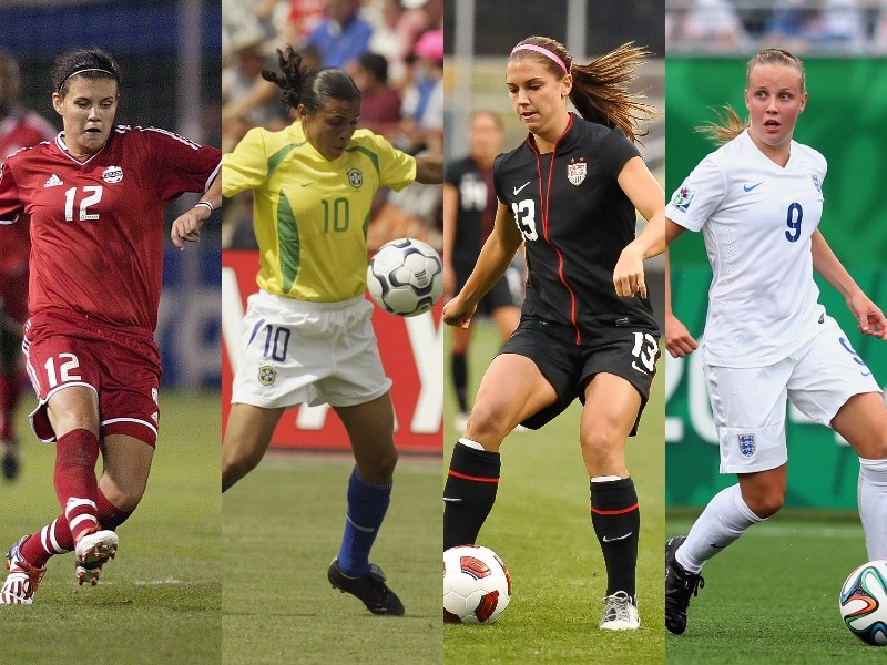 Young women playing soccer for their countries