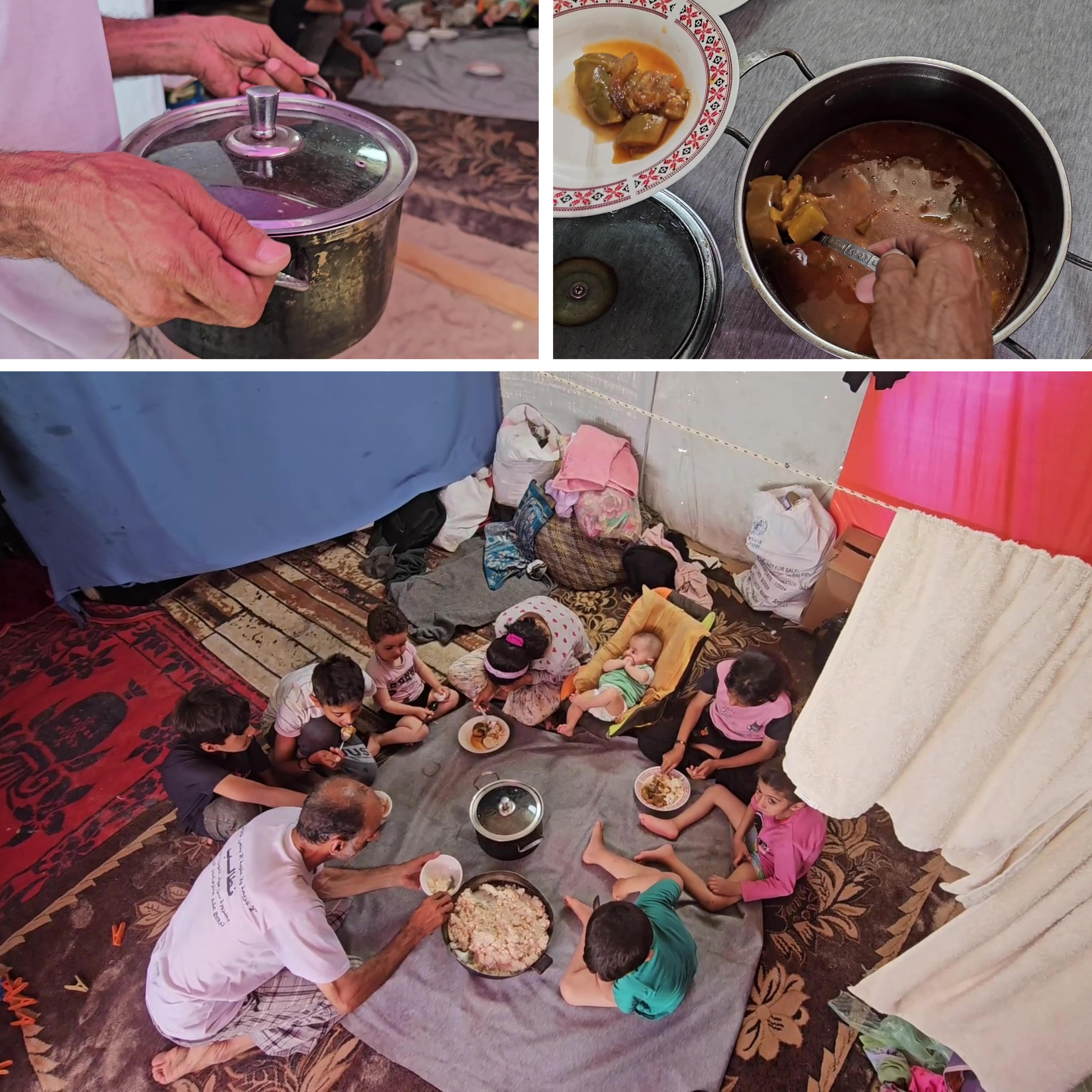 A grid of photos of a man opening a pot of food and pouring in plates for children surrounding him