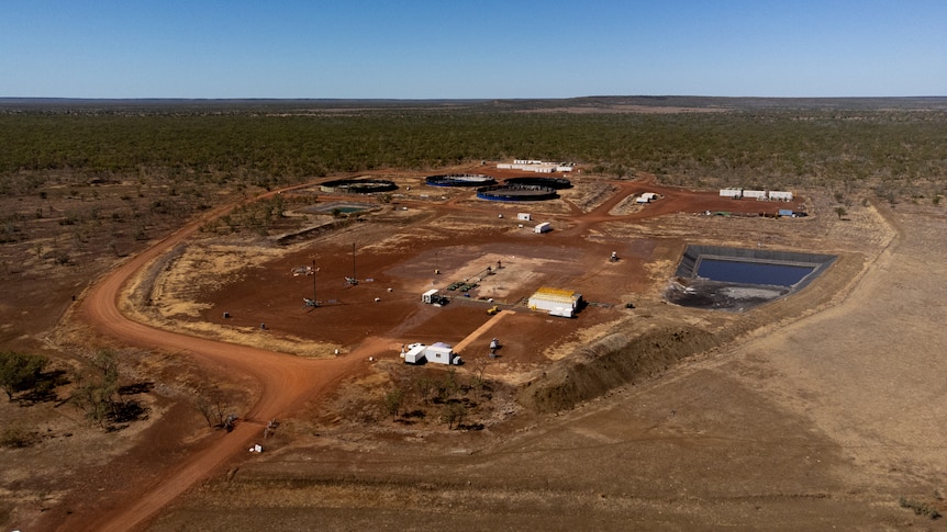 An aerial view of a fracking exploration site in the Beetaloo Basin. 