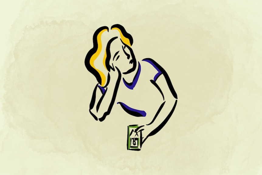 Coloured sketch outline of a figure with long hair and hand resting on cheek, holding a phone, staring into distance.