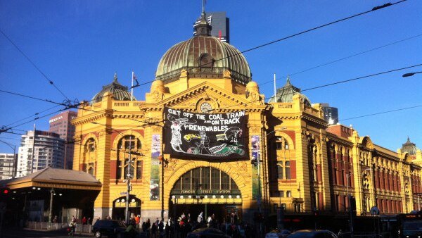 Banner outside Flinders St Station