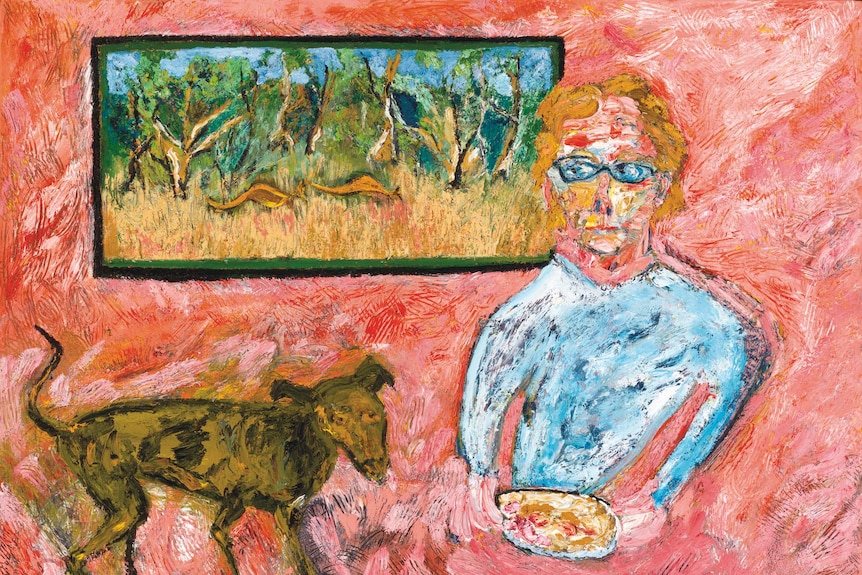 Abstract painting of a person and a dog.