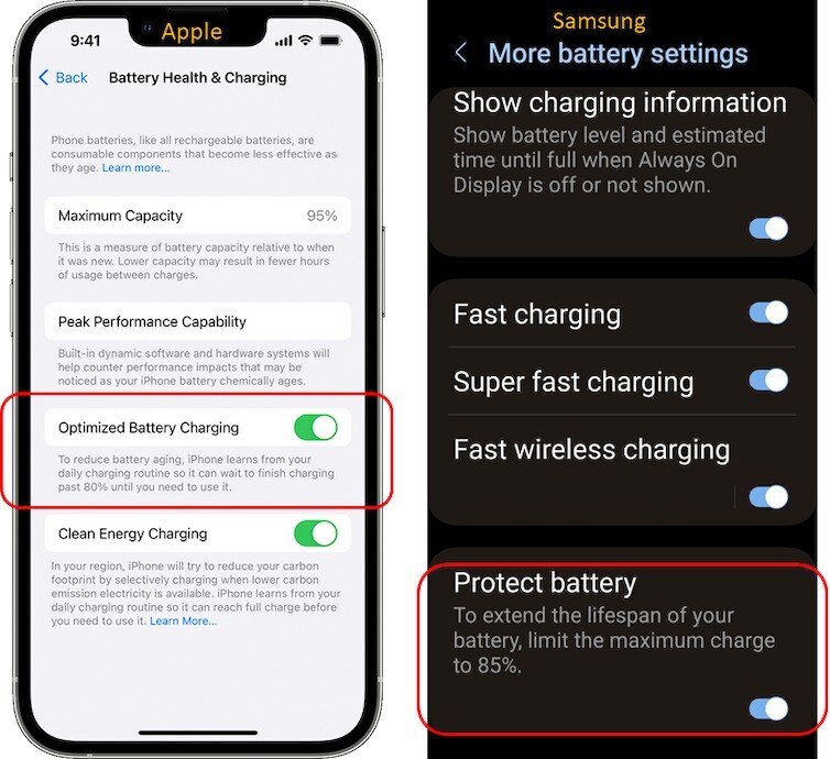 a screen shot of how to find battery settings on iphone and samsung phone