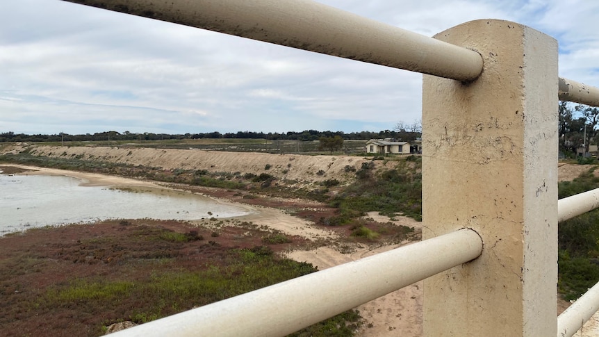 A rail overlooking a levee bank in Renmark with a floodplain half full.