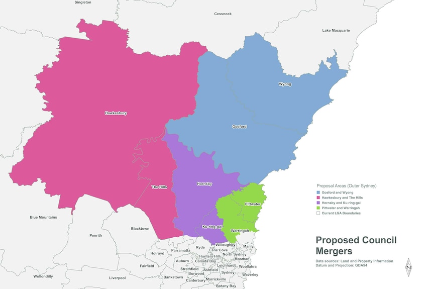 A map showing proposed council mergers in outer Sydney.