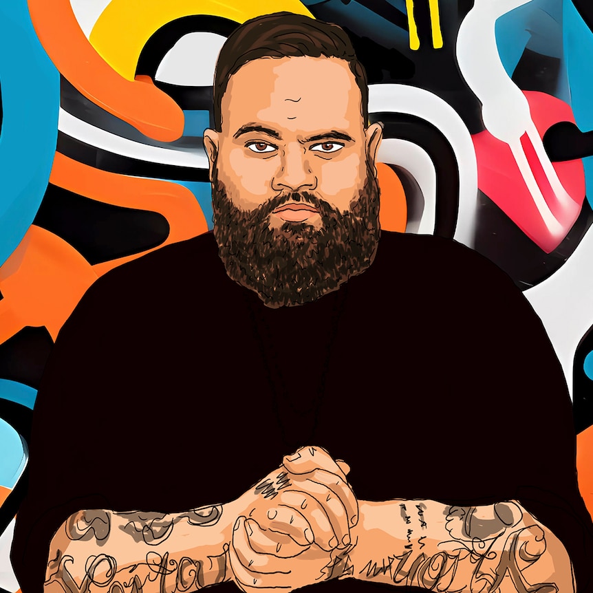 A digital portrait of Adam Briggs. he is wearing a black jumper and has crossed his tattooed arms. he is frowning slightly. 