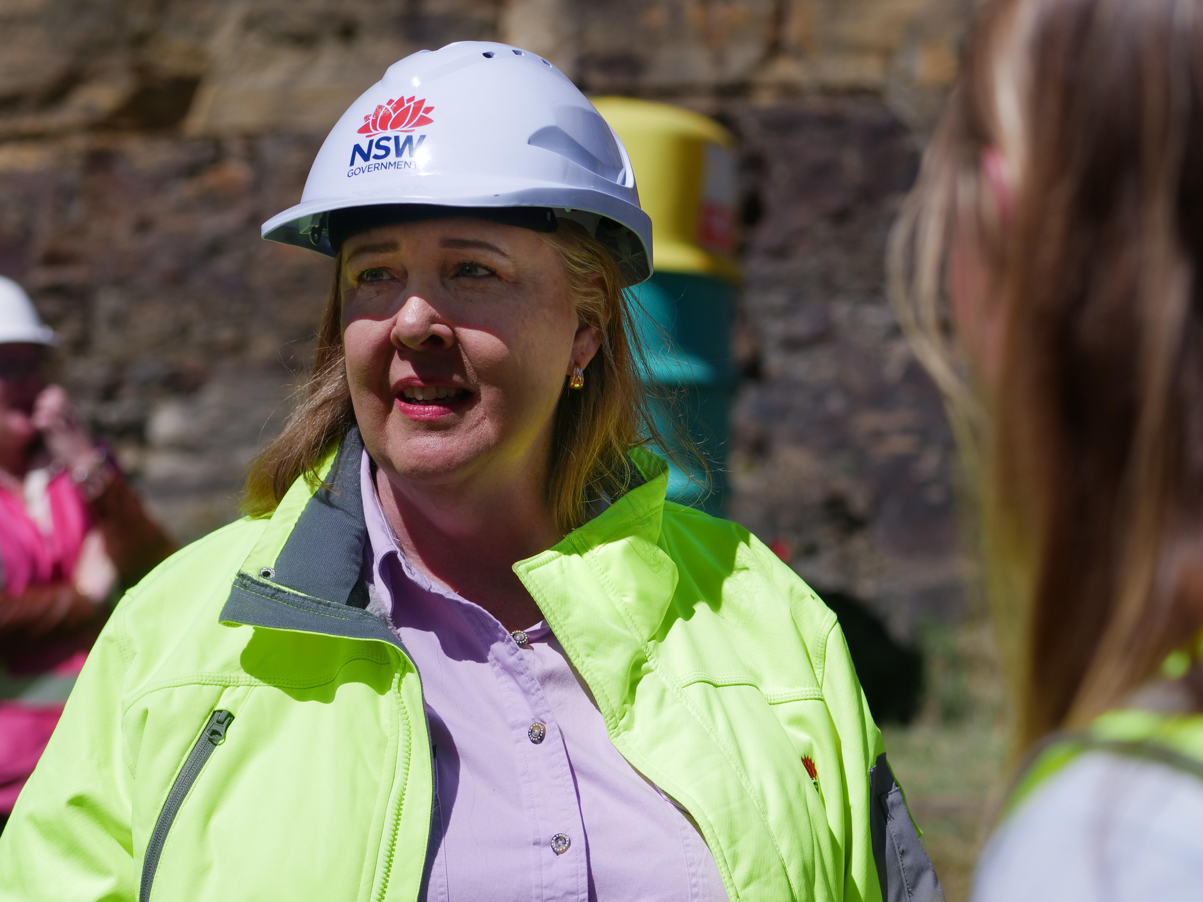 Woman standing in high-vis jacket and hard hat which says 'NSW Government'.