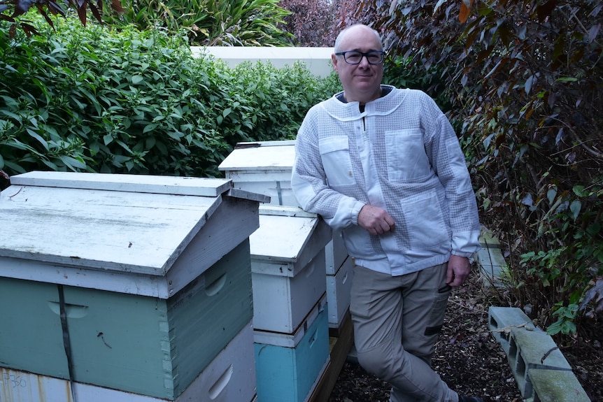 A man poses with bee hives