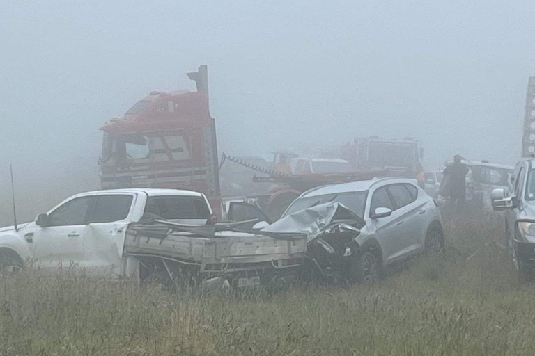 Heavy fog with multiple vehicles that have been in an accident