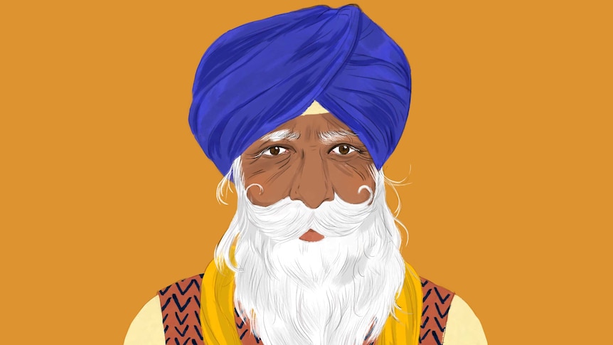 Illustration of elderly Sikh man wearing turban with long white beard.