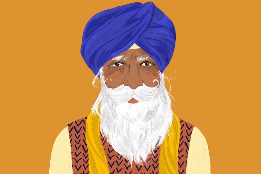 Illustration of elderly Sikh man wearing turban with long white beard.