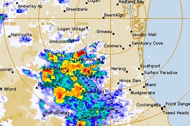 Radar image of storm cells moving over the Gold Coast hinterland