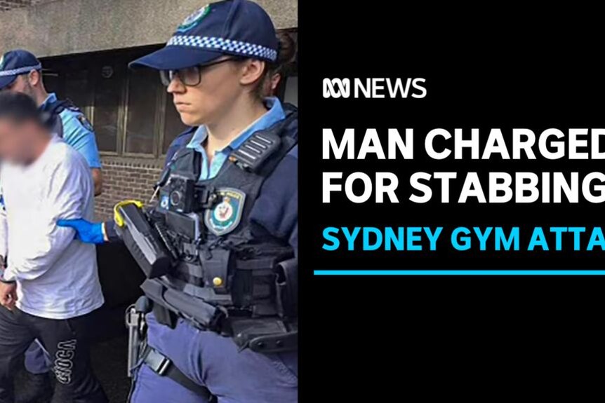 MAN CHARGED FOR STABBING, SYDNEY GYM ATTACK: Man in handcuffs being led by NSW police