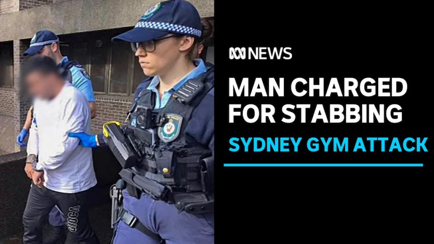 MAN CHARGED FOR STABBING, SYDNEY GYM ATTACK: Man in handcuffs being led by NSW police