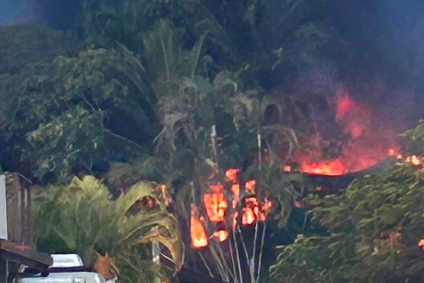 A fire burns behind palm trees with thick black smoke covering the sky
