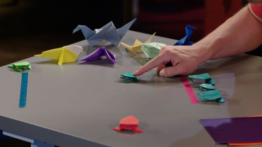 Finger pokes small origami frog on table, surrounded by other origami figures
