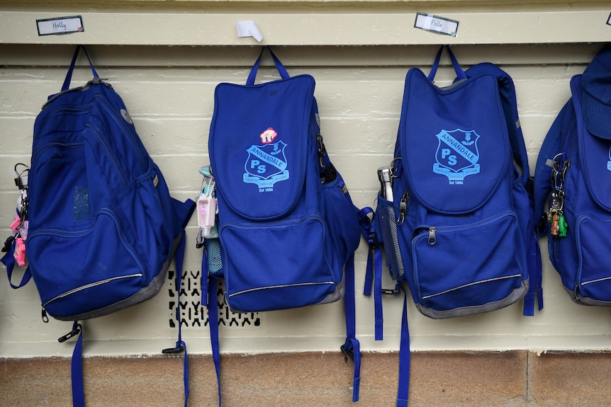 a row of school bags hanging on hooks outside a classroom