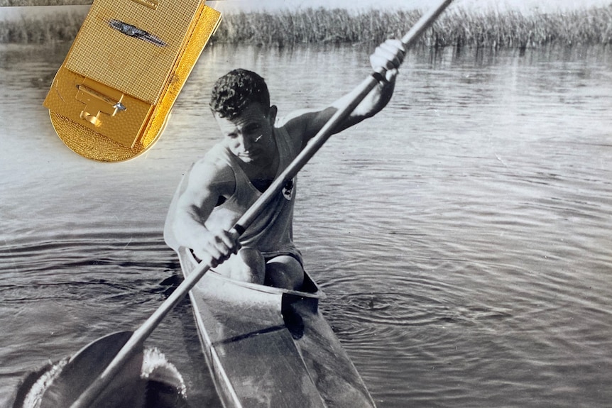 A black and white image of Phil Coles in his kayak.