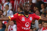 Bruce Djite celebrates his goal against Melbourne City