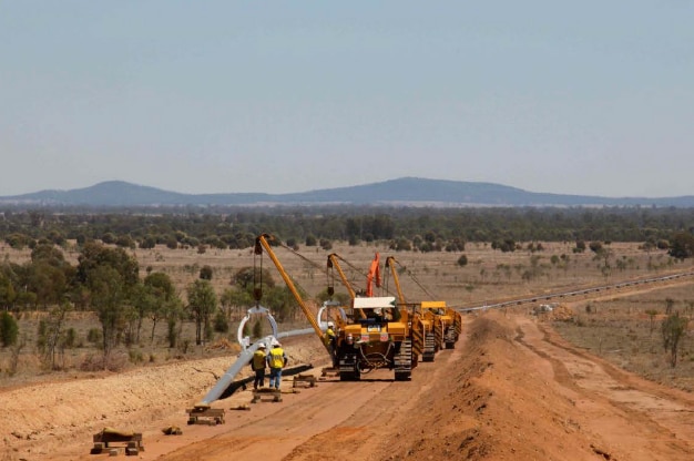 Pipes are laid during the construction phase of a gas pipeline.