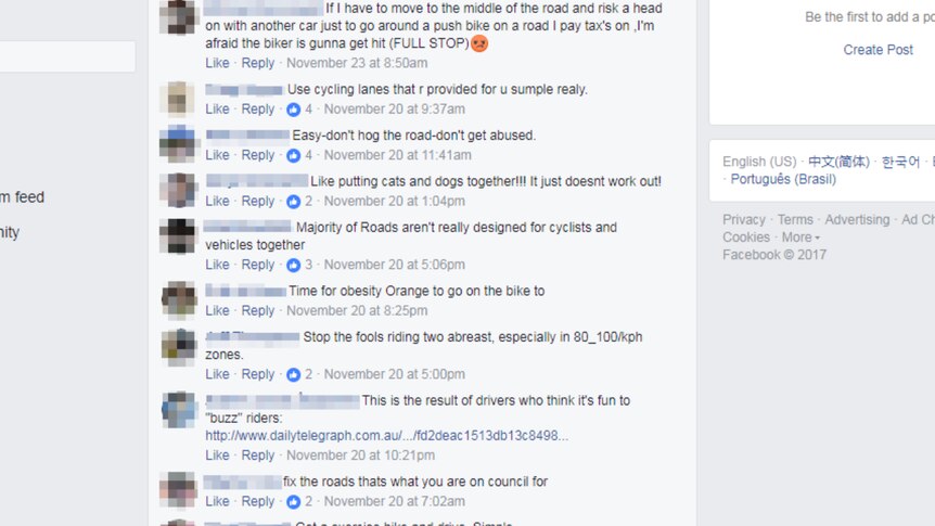 Comments on a facebook post with names and identities blurred out