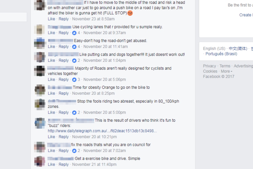 Comments on a facebook post with names and identities blurred out