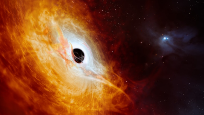 An artist's impression of a massive black hole showing swirling rings of light and matter around the hole.