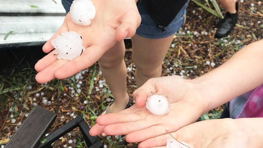 Hail stones held in hands after storm at Kumbria, west of Nanango in southern Queensland.