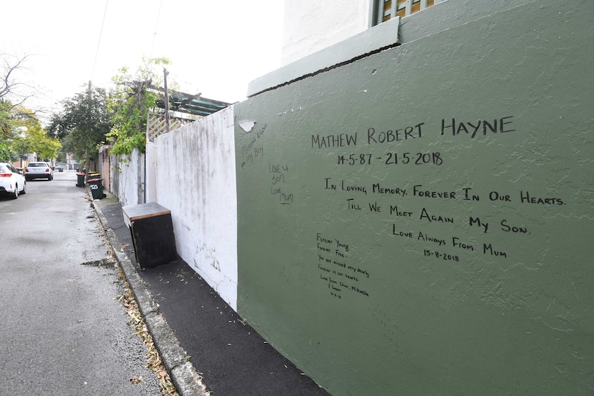 A tribute to Mathew Hayne in the Redfern laneway where he died