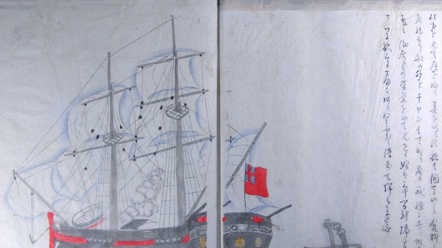 An illustration of the arrival of the foreign ship by Makita Hamaguchi in 1830.