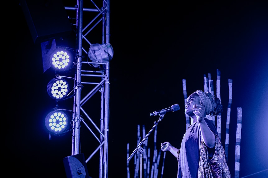 A performer looks to the night sky while singing on a stage with purple lighting at Dance Rites 2018.