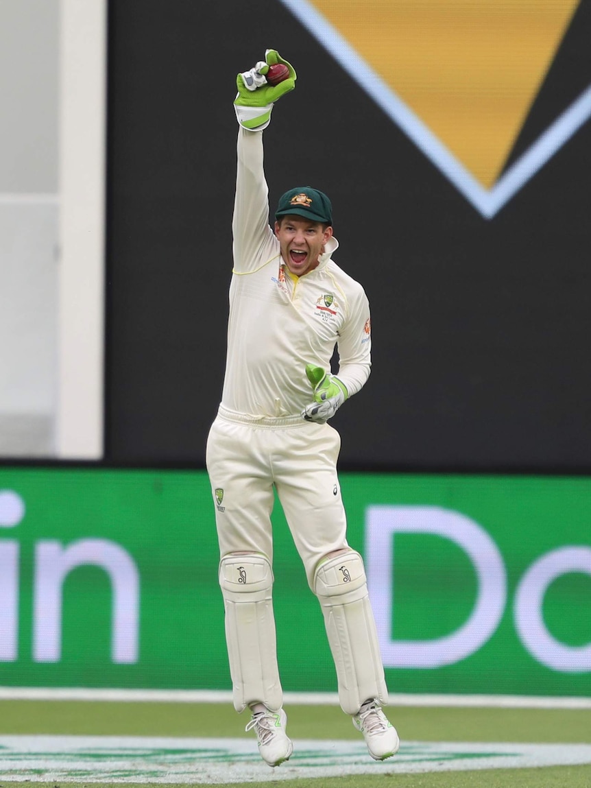 Tim Paine celebrates dismissing Cheteshwar Pujara