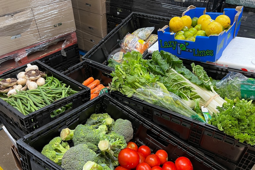 Broccoli, beans, silverbeet and carrots are among the fruit and vegetables piled into black crates.