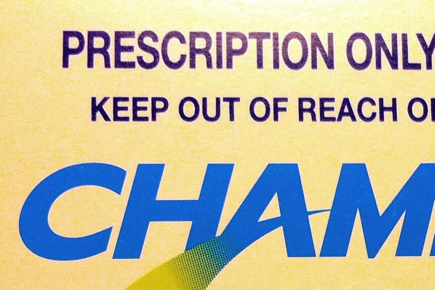 A close-up of the label on a box of Champix tablets, an anti-smoking drug.