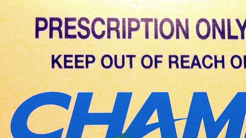 A close-up of the label on a box of Champix tablets, an anti-smoking drug.