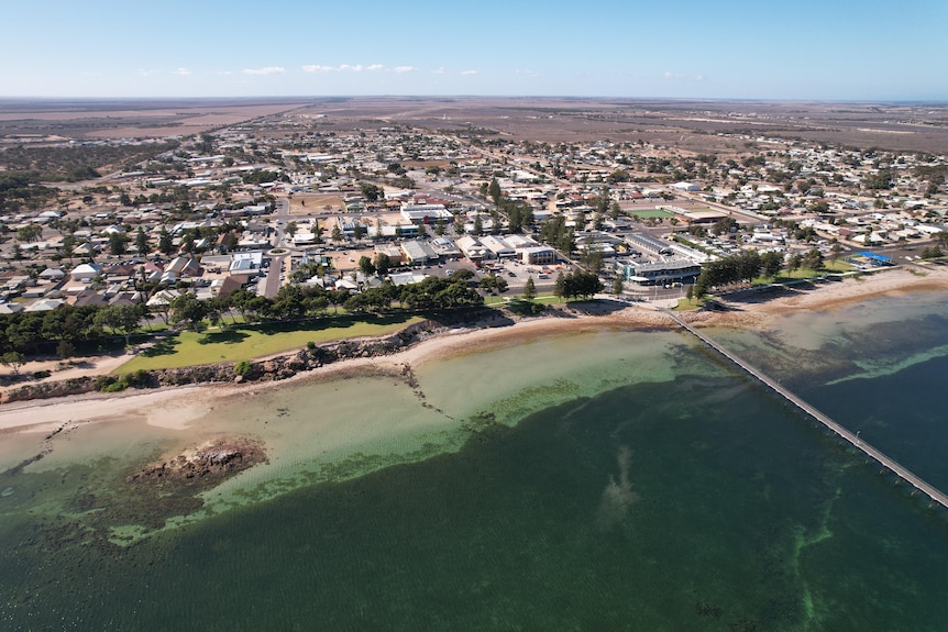 Drone shot of Ceduna town with beach view