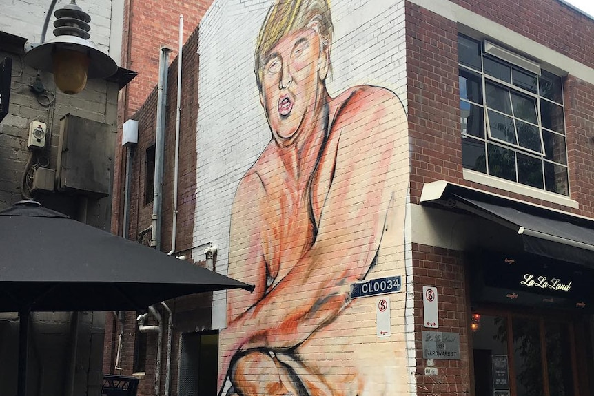 Two-storey mural of a naked Donald Trump on the side of a building