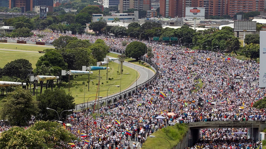 Masses of demonstrators fill the streets in Venezuela.