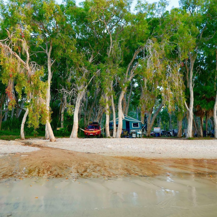 A camp setup near a beach.