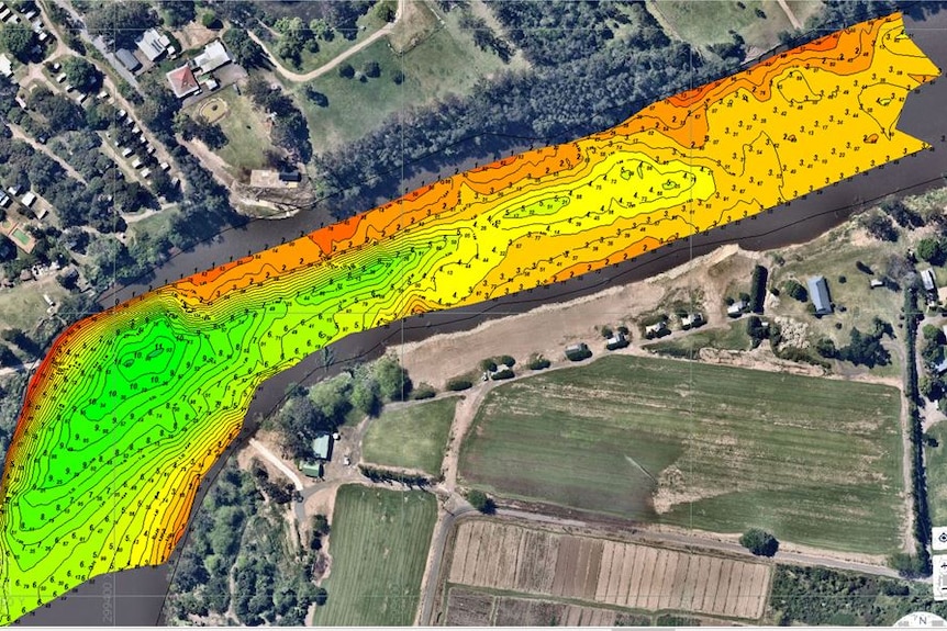 A map of the Hawkesbury River with colours showing depth